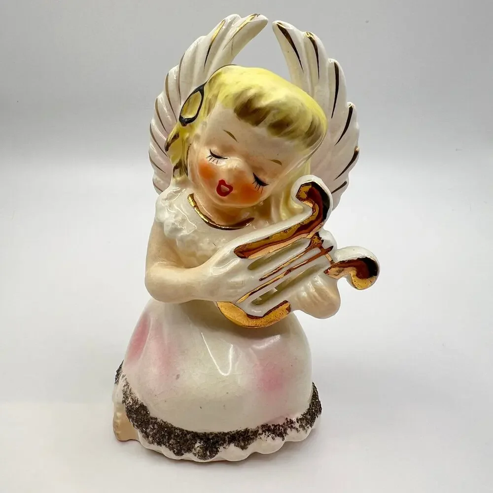 Vintage 50s Norcrest Pink Angel Figurine MCM Musical Decor Retro Kitsch Harp